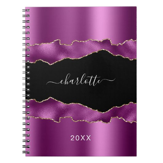 Carnet Plum violet noir agate marbre nom script (Devant)