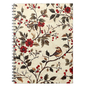 Carnet Poinsettia Vintage Oiseau Noël Crème Rouge