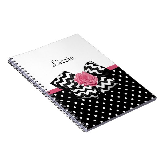 Carnet Points noirs mignons Rose rose Chevron Bow et nom (Côté Droit)