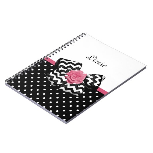 Carnet Points noirs mignons Rose rose Chevron Bow et nom (Côté gauche)