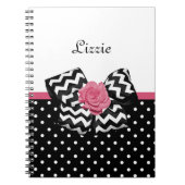 Carnet Points noirs mignons Rose rose Chevron Bow et nom (Devant)