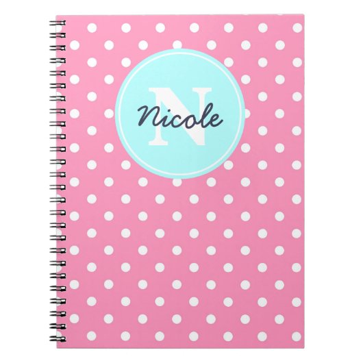 Carnet Points roses et bleus, initiale, et nom (Devant)