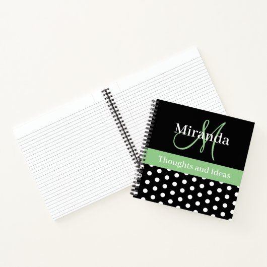 Carnet Pois de script de monogramme noir blanc vert (Intérieur)