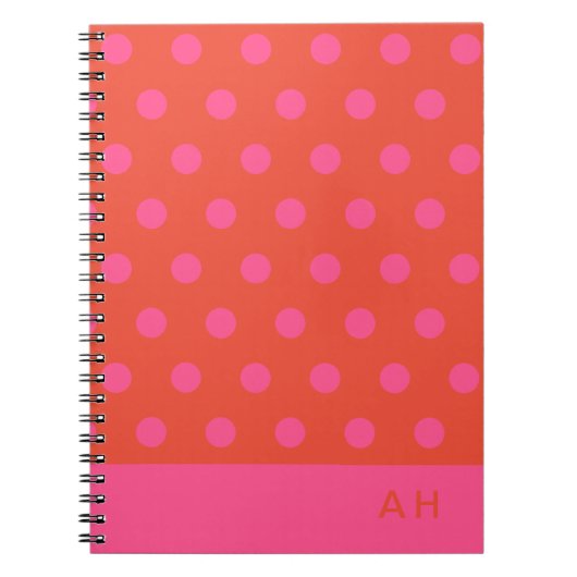 Carnet Pois rose et rouge orange monogrammé (Devant)