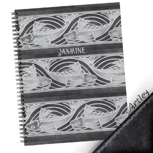 Carnet Poisson gris Art Nouveau dans les vagues Nom perso