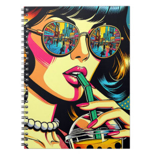 Carnet Pop Art Bande Dessinée Belle Femme Buvant du Boba