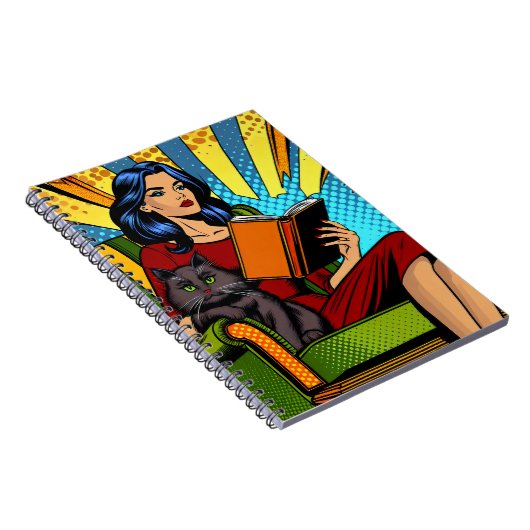 Carnet Pop Art Comédie Femme Lecture avec chat (Côté Droit)