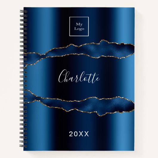 Carnet Porte en or bleu marbre nom commercial logo (Devant)