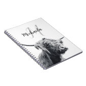 Carnet Portrait de vache Highland premier monogramme noir (Côté Droit)