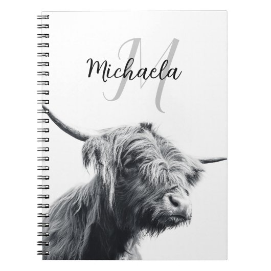 Carnet Portrait de vache Highland premier monogramme noir (Devant)
