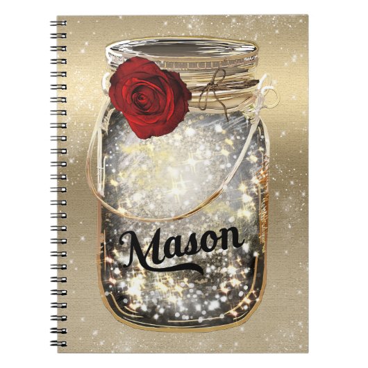 Carnet Pot Mason Fleur de Rose Rouge Pailleté Or Glamour (Devant)