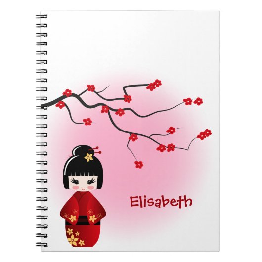 Carnet Poupée kokeshi japonaise aux fleurs de sakura (Devant)