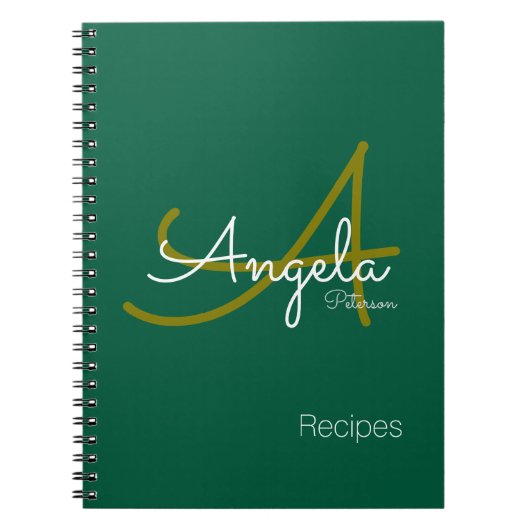 Carnet pour recettes Chef un vert monogramme moderne (Devant)