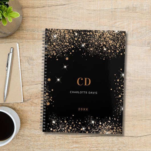Carnet Poussière de glitter or monogramme initiales