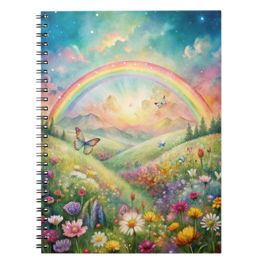 Carnet Pré aux fleurs et papillons et arc-en-ciel (Devant)
