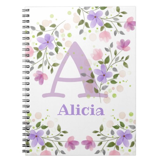 Carnet Premier Initial Plus Nom Alicia avec Fleurs (Devant)