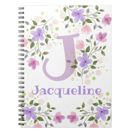 Carnet Premier Initial Plus Nom Jacqueline avec Fleurs (Devant)