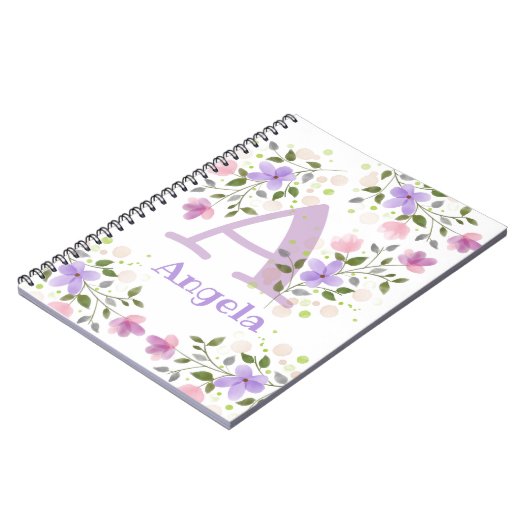 Carnet Premier nom initial plus Angela avec fleurs (Côté gauche)