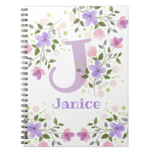 Carnet Premier nom initial plus Janice avec fleurs