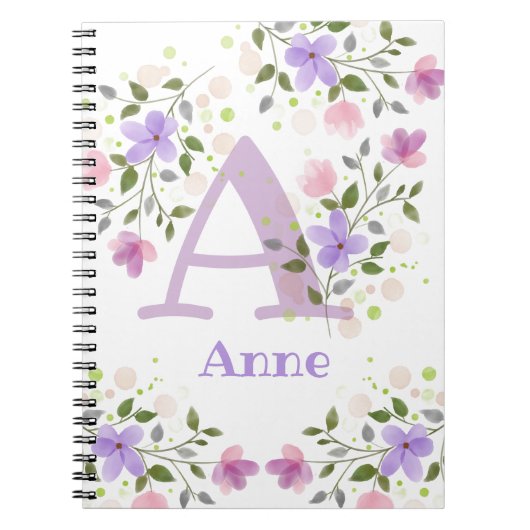 Carnet Première initiale plus le nom Anne avec des fleurs (Devant)
