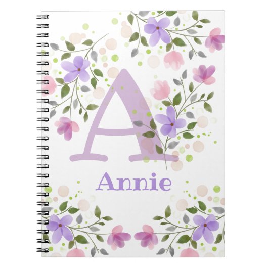Carnet Première initiale plus le nom Annie avec des fleur (Devant)