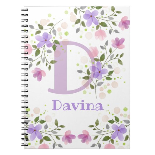 Carnet Première initiale plus nom Davina avec des fleurs (Devant)