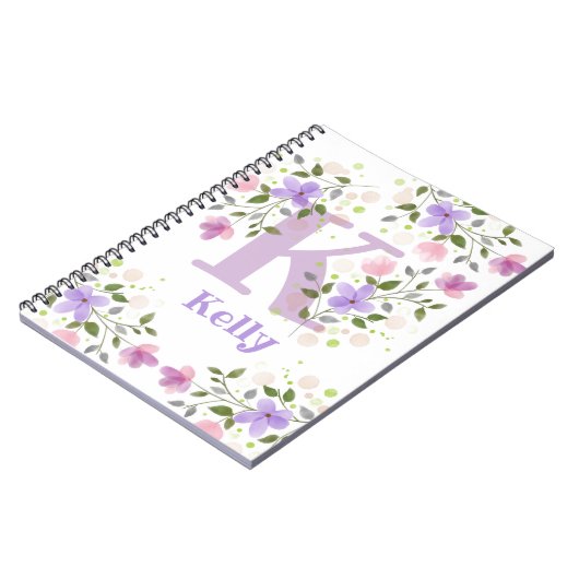 Carnet Première initiale Plus Nom Kelly avec Fleurs (Côté gauche)