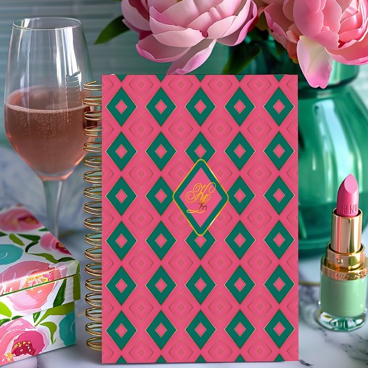 Carnet Preppy rose et vert Diamond Motif Monogrammé