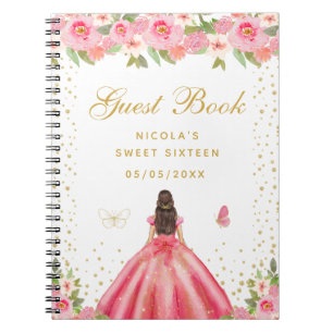 Carnet Princesse aux cheveux bruns floraux roses Sweet Si