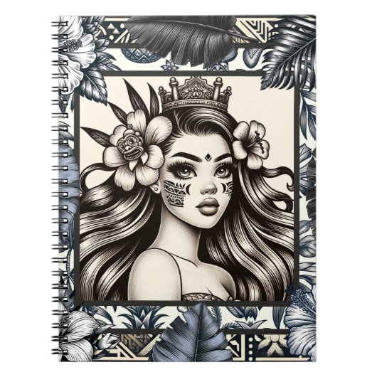 Carnet Princesse Polynésienne Fleurs Bleues Tribal (Devant)