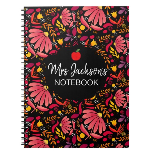 Carnet professeur rouge et noir motif floral (Devant)