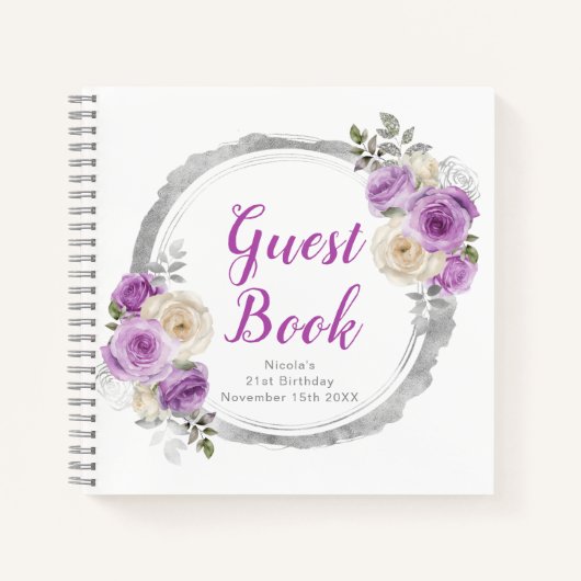 Carnet Purple and Silver Elegant Flowers Birthday Party (Devant)