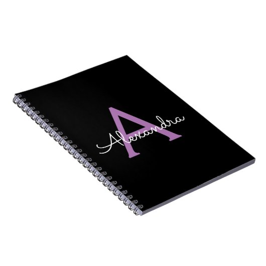 Carnet Purple Black Script Girl Nom du monogramme (Côté Droit)