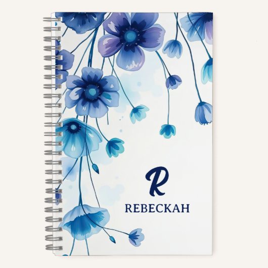Carnet Purple Bleu Élégant Aquarelle Fleurs Monogramme (Recto)