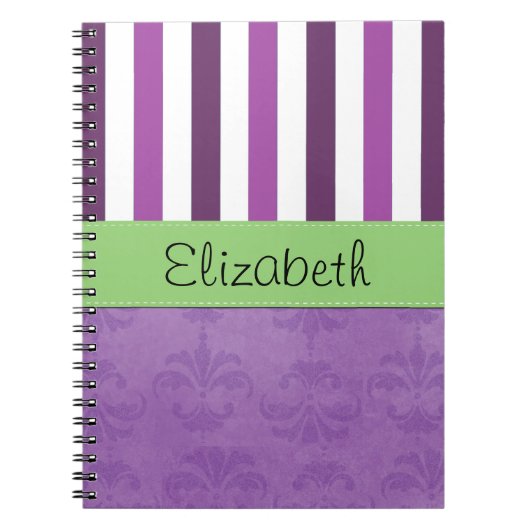 Carnet Purple Damask, Purple Stripes, Stripe, Votre Nom (Devant)