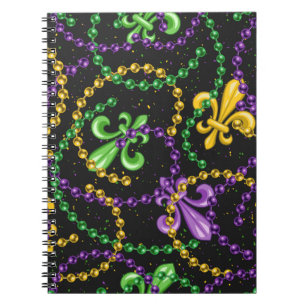 CARNET PURPLE VERT JAUNE MARDI GRAS BEADS & FLEUR