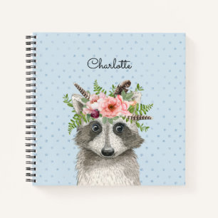 Carnet Raccoon de Boho mignon avec couronne de fleurs et 