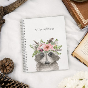Carnet Raccoon mignon avec couronne florale aquarelle