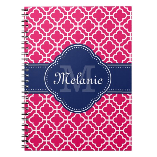 Carnet Raspberry Rose Wht Marocain Motif Marine Monogramm (Devant)