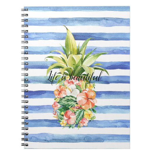 Carnet Rayures Blanches Bleues Fleur Tropicale Ananas (Devant)