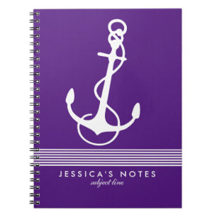Carnet Rayures blanches et violettes Ancre de bateau naut