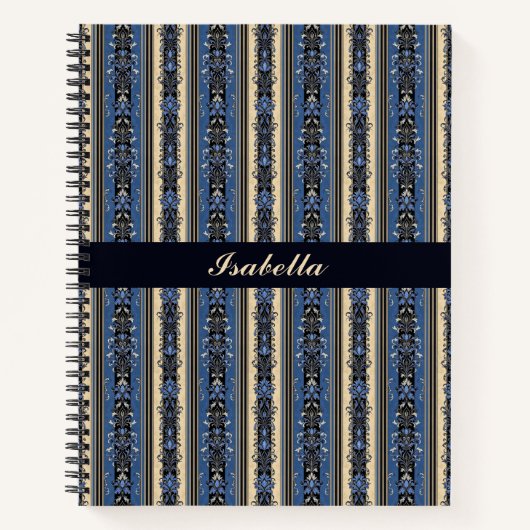 Carnet Rayures damas bleu et or (Devant)