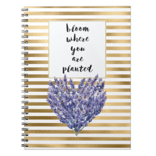 Carnet Rayures dorées Fleur violette lavande coeur floral