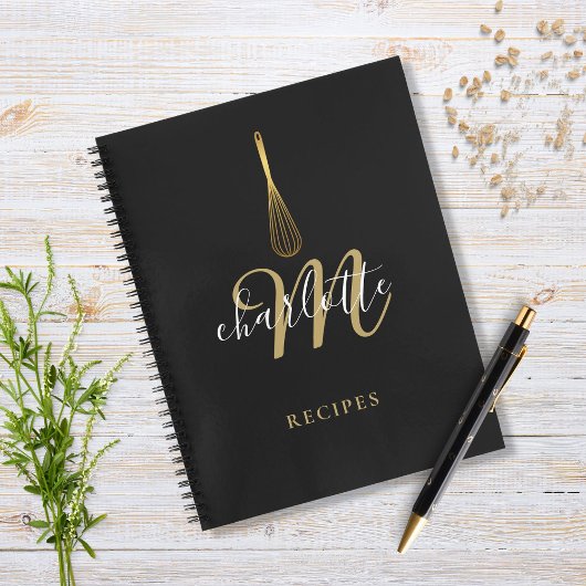 Carnet Recette de fouet noir or monogramme de script