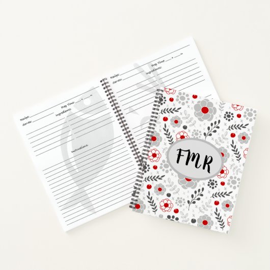 Carnet Recette de monogramme floral rouge gris moderne (Intérieur)