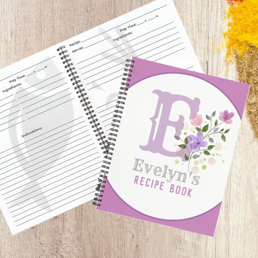Carnet Recette de monogramme & nom avec fleurs
