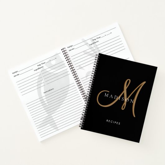 Carnet Recette de script de monogramme d'or noir élégant (Intérieur)