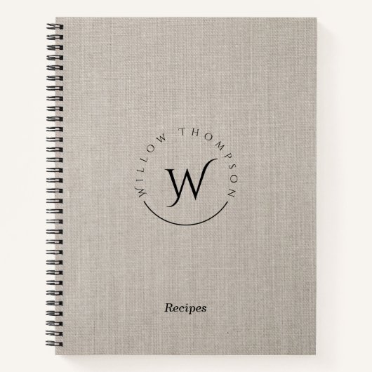 Carnet Recette de script en lin beige monogramme rustique (Devant)
