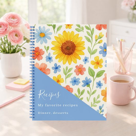 Carnet Recette de tournesols floraux bleus