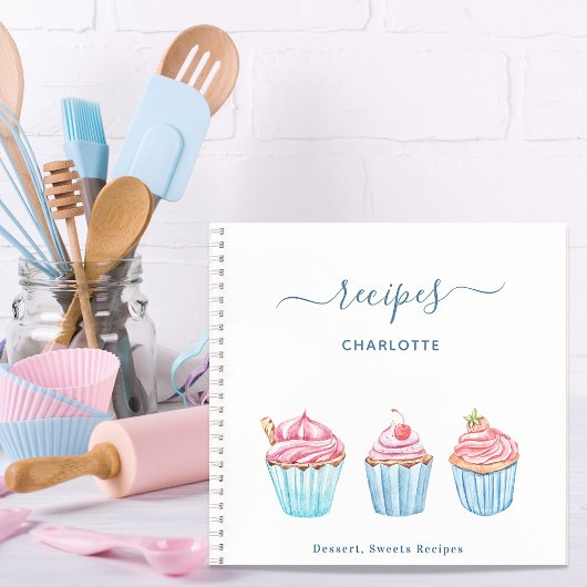 Carnet Recette pâtisserie rose pâle nom de cupcakes bleu